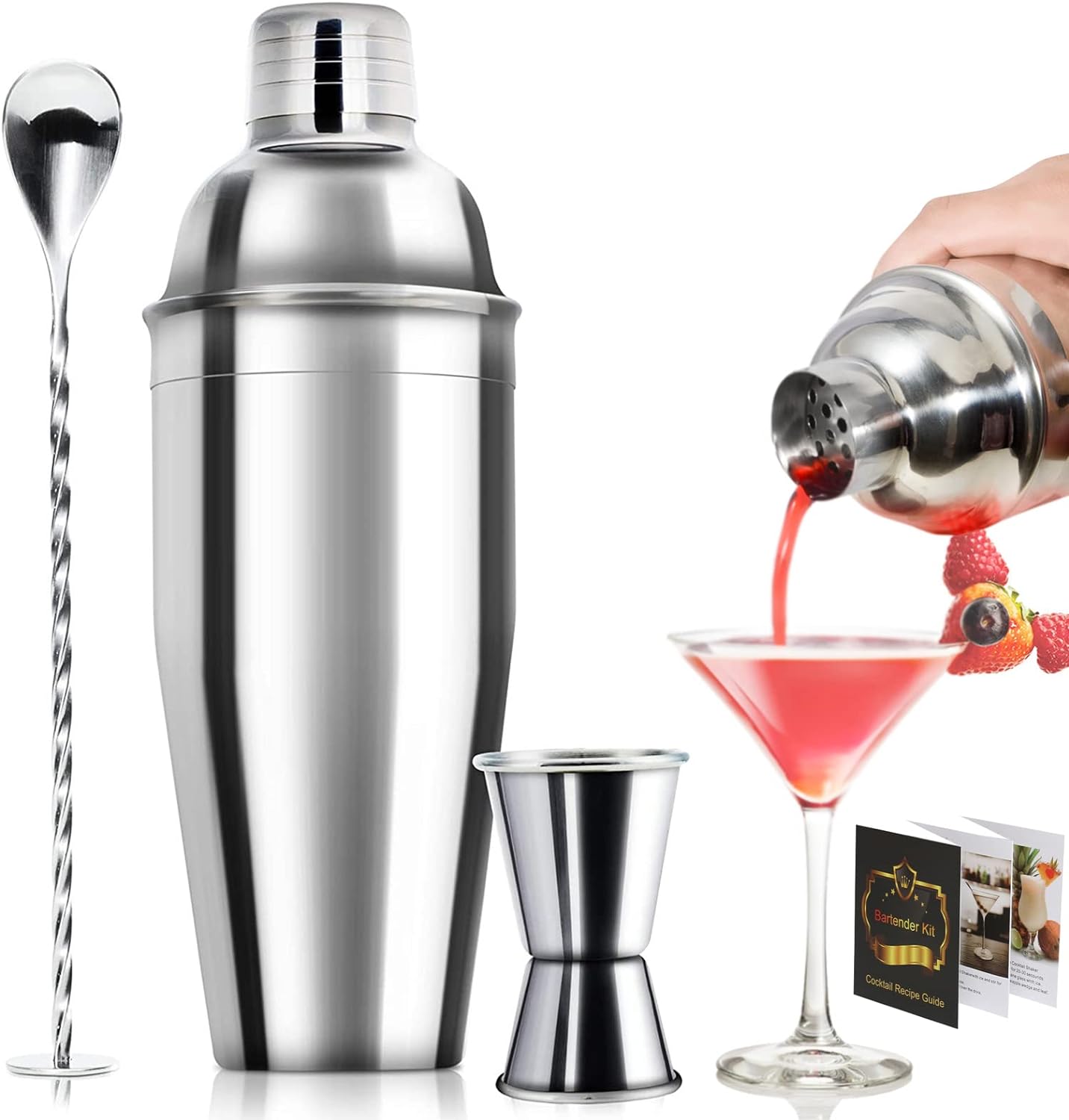 Professional 24oz Cocktail Shaker Set with Measuring Jigger, Mixing Spoon, and Built-in Strainer – Stainless Steel Bar Tools for Perfect Margaritas and Martinis