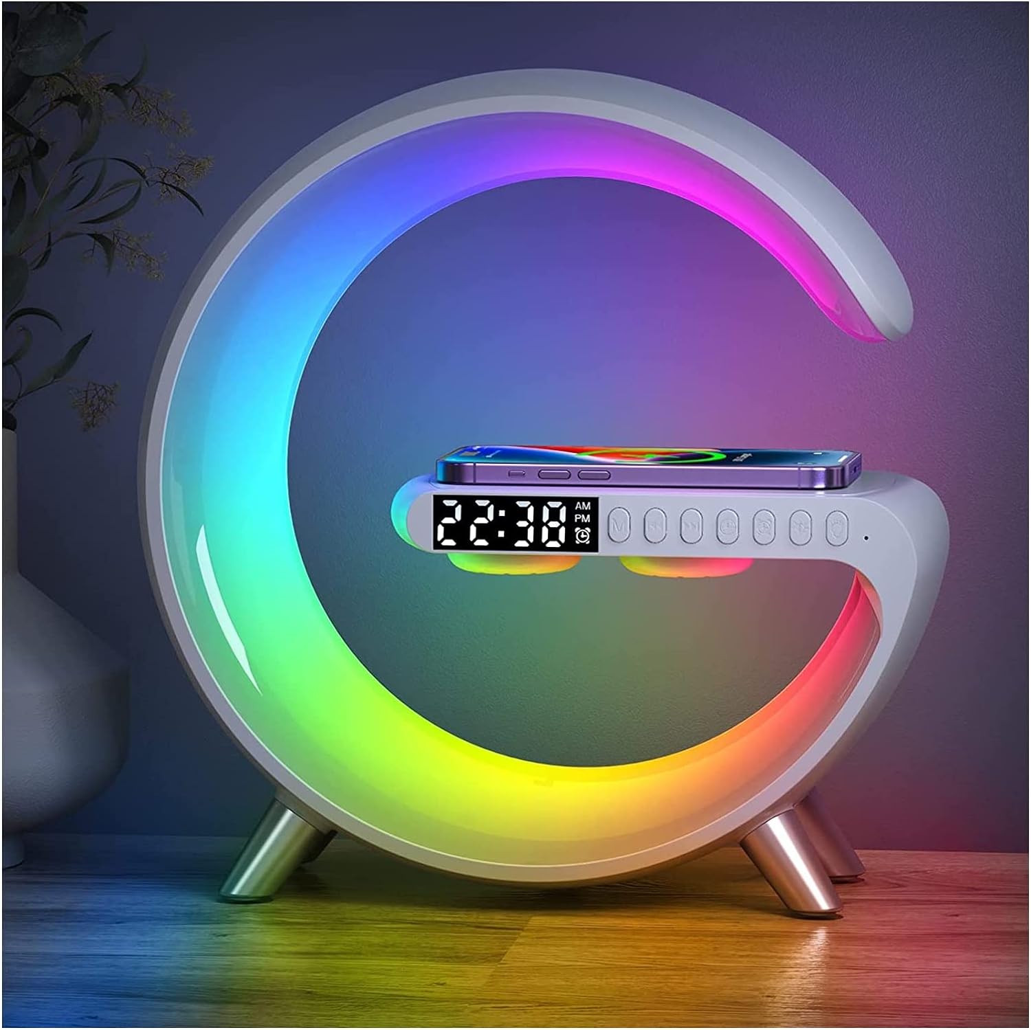 Wireless Charger Night Light Lamp, App Control Bluetooth Speaker Alarm Clock